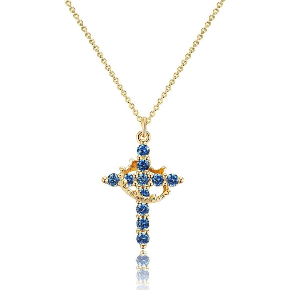 Perfect Gifts Women Crown M09 Sapphire Cross Necklace Gold Plated Faith Jewelry